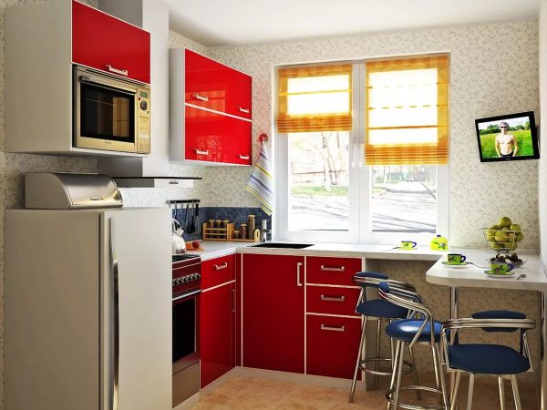 To save space, a small family can purchase compact models of a refrigerator, stove and other elements of household appliances for kitchen design in Khrushchev.