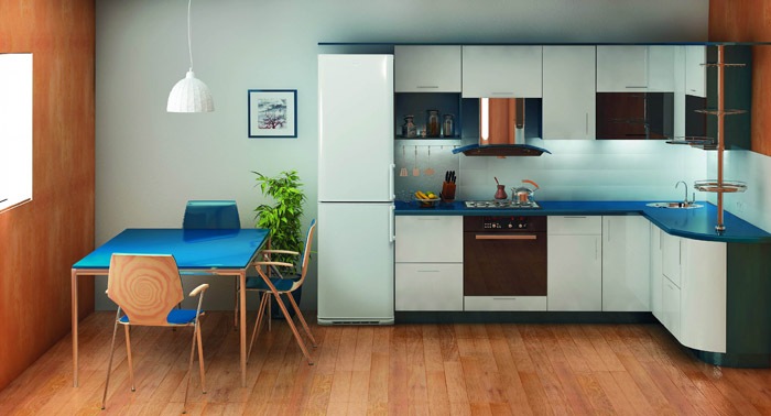 Installing a refrigerator in a large kitchen.