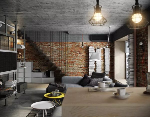 The main difference between the industrial loft is the presence of a large number of wiring, which is not masked, but is located around the perimeter of the entire room.