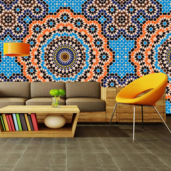 The Indian style is characterized by vinyl textured canvas with thematic ornaments, as well as walls that mimic expensive fabrics.