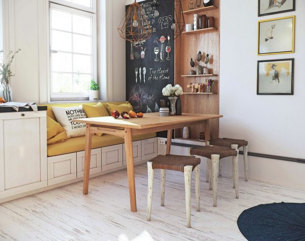 Yellow sofa in the Scandinavian style kitchen