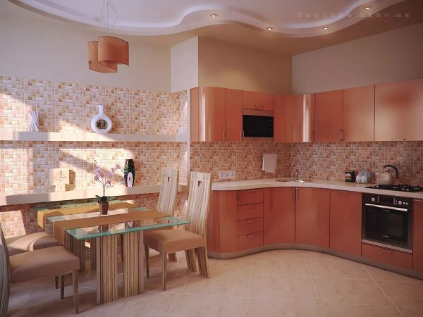 A kitchen in peach tones always looks aesthetically pleasing; it is pleasant to cook and eat food on it.