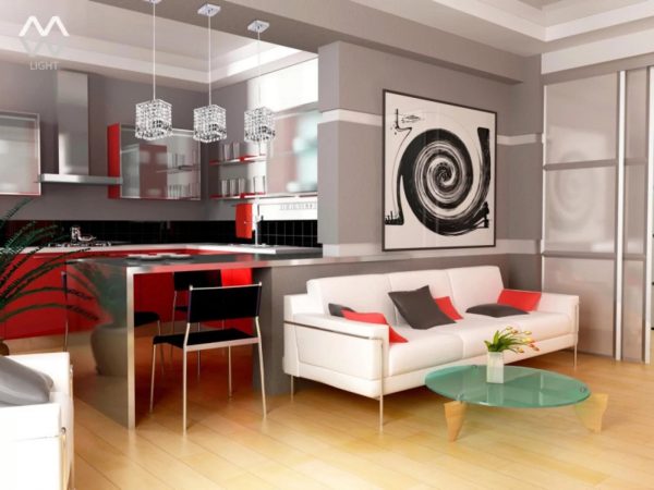 To separate the kitchen area from the living room, you can use furniture, partitions, bar counters and even accessories.