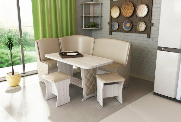 It can be free-standing stools, chairs, or even a solid corner sofa with a comfortable table.